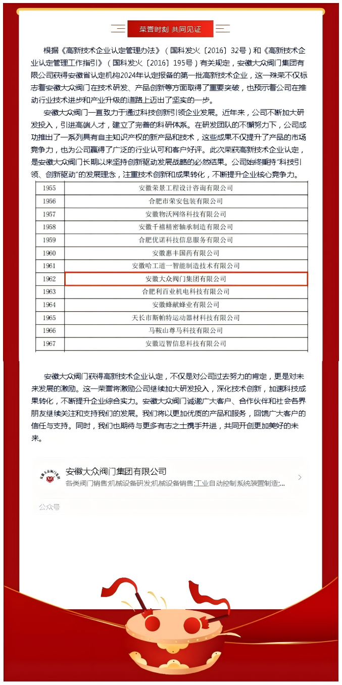 安徽大众阀门集团有限公司荣获高新技术企业认定，创新驱动发展再上新台阶(图1)